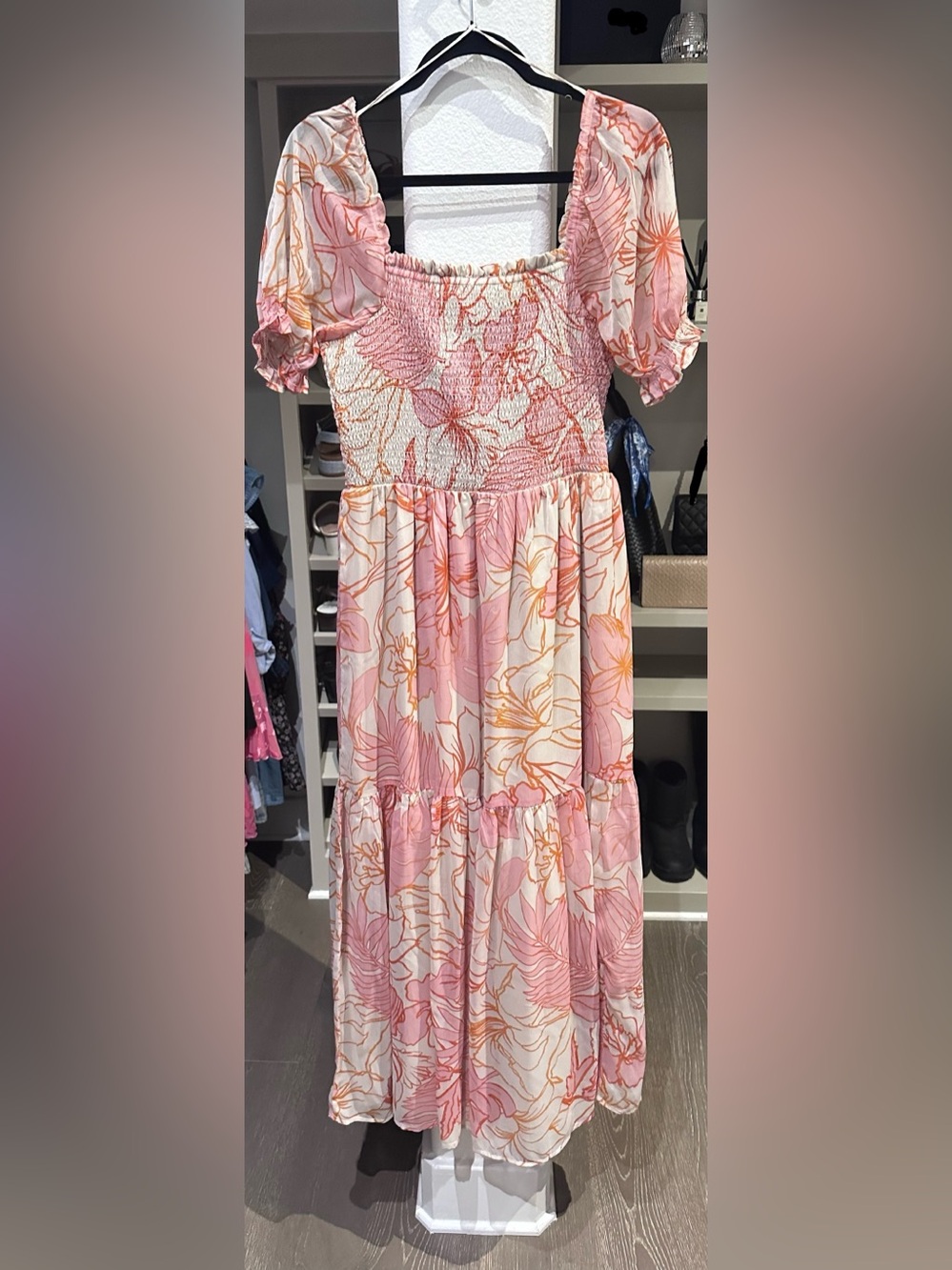 NWOT - Women’s Smocked Ruffle Sleeve Pink & Orange Tropical Tiered Dress - Picture 4 of 6